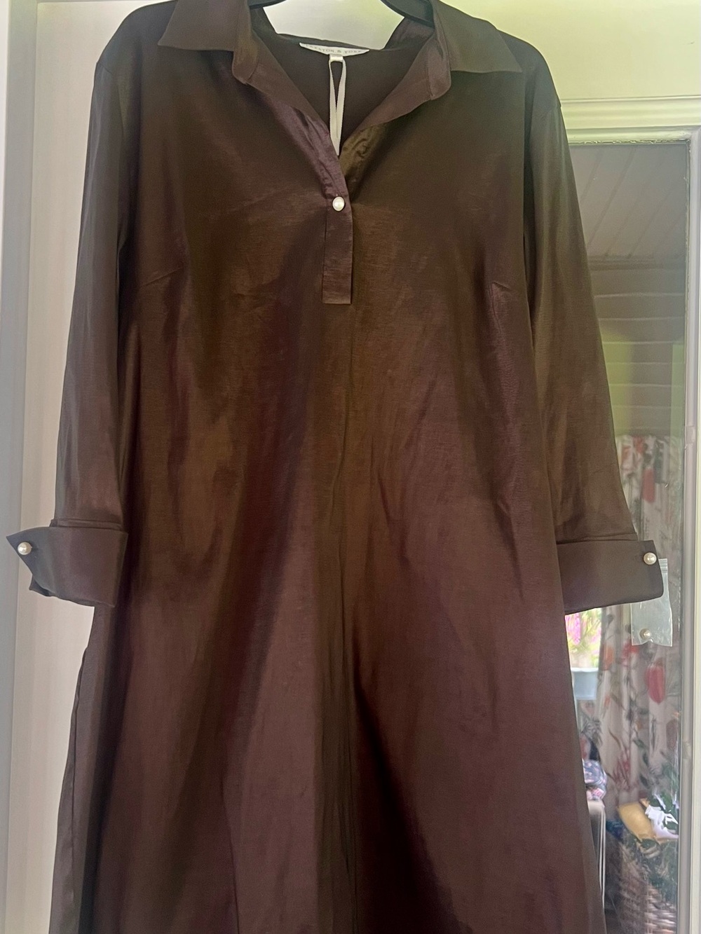 Preston & York Thea Taffeta 3/4 Sleeve Point Collar Espresso Dress
